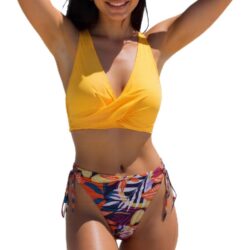 Bikiinikomplekt Twist-Front lillemustriga – Kollane, XXL