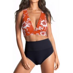 Naiste kõrge vöökohaga push-up bikiinikomplekt (punane print, 2XL)