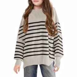 Tüdrukute triibuline kootud oversized kampsun – Khaki, 7-8a