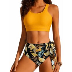Kõrge pihaosaga push-up bikiinikomplekt, kollane, L