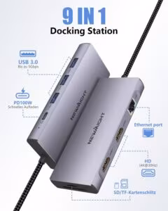 USB-C dokkimisjaam kahele monitorile, 9-in-1 (Dual 4K HDMI, 100W)