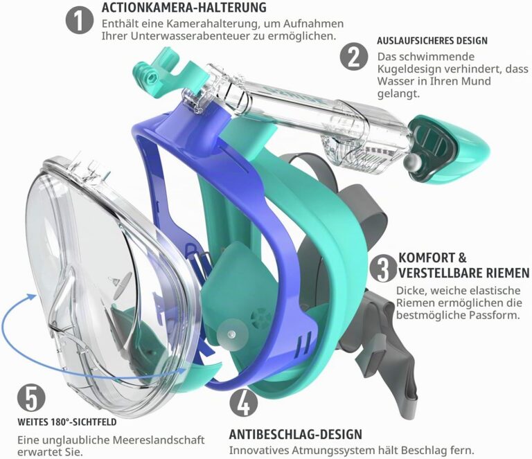 Täisnäo snorgeldamismask eemaldatava kaamerakinnitusega
